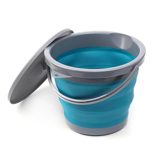 Faltbarer Eimer 5L, Falteimer Angeln Kleiner Eimer mit Deckel Blau Putzeimer Faltbar Silikon Angeleimer Tragbarer Wassereimer für Autowäsche Camping Angeln Reinigung von MHYMX