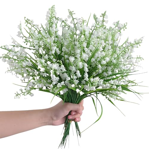 MHYMX Blumenstrauß Künstlich, 12 Bündel Deko Blumen Künstlich Maiglöckchen Kunstblumen für Draußen Weiß Blumen Wie Echt Outdoor Wetterfest Maiglöckchen Deko für Aufhängen Vasen Garten von MHYMX