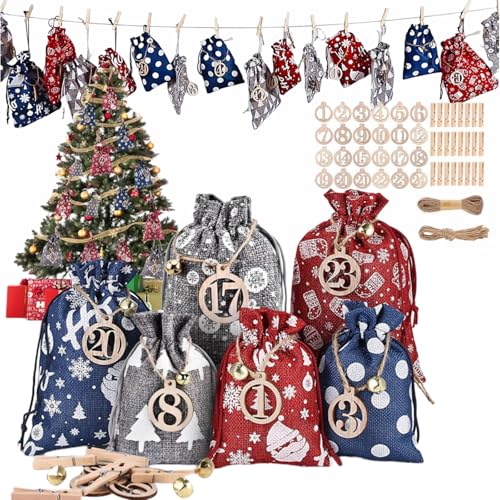 MHwan Adventskalender Zum Befüllen, 24 Stück Adventskalender Selber Befüllen in Leinen, Wunderschöner und Exquisiter Adventskalender Säckchen mit Holznummern, Holzklammern und Bindfaden von MHwan