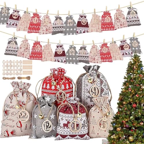 MHwan Adventskalender Zum Befüllen, 24 Stück Adventskalender Selber Befüllen in jutesäckchen, Wunderschöner und Exquisiter Adventskalender Säckchen mit Holznummern, Holzklammern und Bindfaden von MHwan