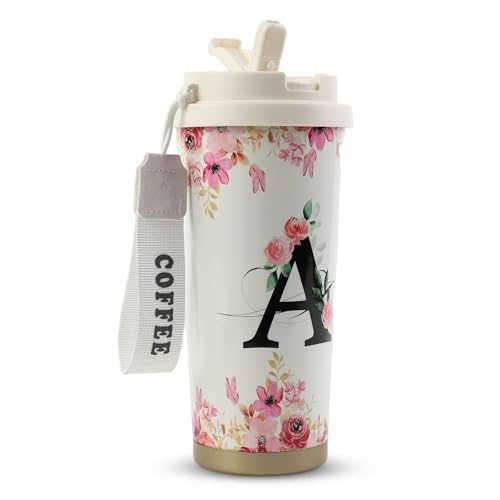 MHwan Kaffeebecher To Go, Doppelschichtiger Vakuum-Kaffee Thermobecher (530 ml), Personalisiertes Geschenk für Frauen mit Den Initialen A-Z, Kann Direkt Oder mit Einem Strohhalm Getrunken Werden von MHwan