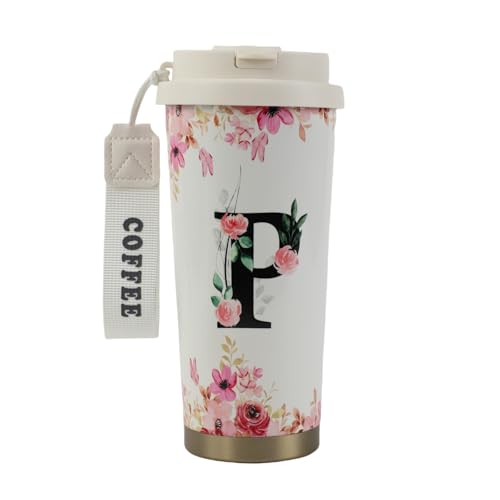 MHwan Kaffeebecher To Go, Doppelschichtiger Vakuum-Kaffee Thermobecher (530 ml), Personalisiertes Geschenk für Frauen mit Den Initialen A-Z, Kann Direkt Oder mit Einem Strohhalm Getrunken Werden von MHwan