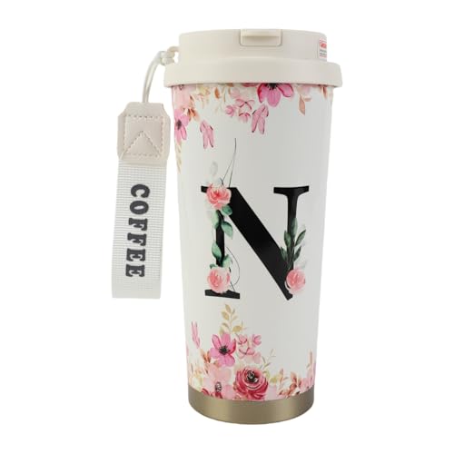 MHwan Kaffeebecher To Go, Doppelschichtiger Vakuum-Kaffee Thermobecher (530 ml), Personalisiertes Geschenk für Frauen mit Den Initialen A-Z, Kann Direkt Oder mit Einem Strohhalm Getrunken Werden von MHwan