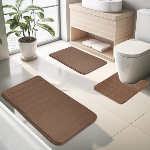 MI CASA 3PCS Badezimmerteppich Set, Badematte rutschfest Memoryschaum Teppich Badezimmer Teppiche Bad Teppiche Set, Weicher Saugfähiger WC Vorleger mit Ausschnitt Set (40x60+50x80+U50x60cm, Braun) von MI CASA