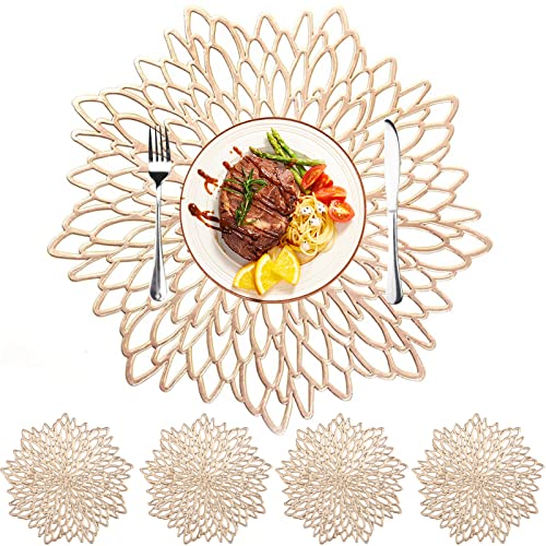 MI CASA 4er Set PVC Tischset Platzset Rund Gold, Runde Tischsets Platzsets Abwaschbar, rutschfest Hitzebeständig Platzdeckchen Abwaschbar Platzteller Rund inkl. 4 Untersetzer für Hochzeit Weihnachten von MI CASA