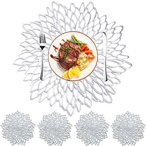 MI CASA 4er Set PVC Tischset Platzset Rund Silber, Runde Tischsets Platzsets Abwaschbar Rutschfest Hitzebeständig Platzdeckchen Abwaschbar Platzteller Rund inkl. 4 Untersetzer für Hochzeit Weihnachten von MI CASA