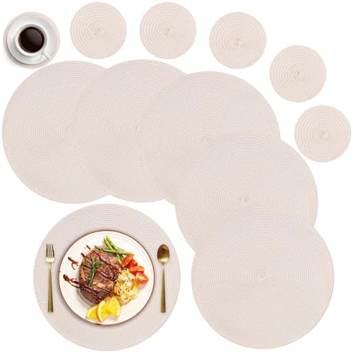 MI CASA Runde Tischsets Abwaschbar 6er Set Platzsets mit Untersetzer, 34cm Gewebte Hitzebeständige Platzdeckchen, Platzteller rutschfest für Küche Geburtstags Party Weihnachten Abendessen - Beige von MI CASA