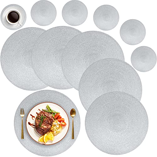 MI CASA Runde Tischsets Abwaschbar 6er Set Platzsets mit Untersetzer, 34cm Gewebte Hitzebeständige Platzdeckchen, Platzteller rutschfest für Küche Geburtstags Party Weihnachten Abendessen - Silber von MI CASA