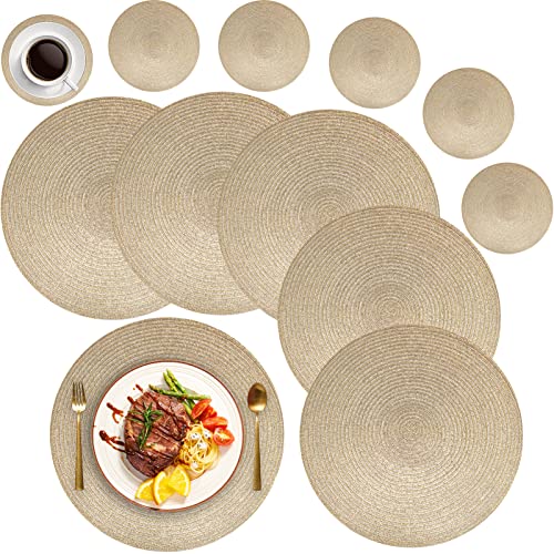 MI CASA Runde Tischsets Abwaschbar 6er Set Platzsets mit Untersetzer, 34cm Gewebte Hitzebeständige Platzdeckchen, Platzteller rutschfest für Küche Geburtstags Party Weihnachten Abendessen - Gold von MI CASA