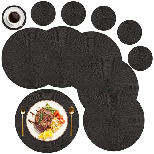 MI CASA Runde Tischsets Abwaschbar 6er Set Platzsets mit Untersetzer, 34cm Gewebte Hitzebeständige Platzdeckchen, Platzteller rutschfest für Küche Geburtstags Party Weihnachten Abendessen - Schwarz von MI CASA