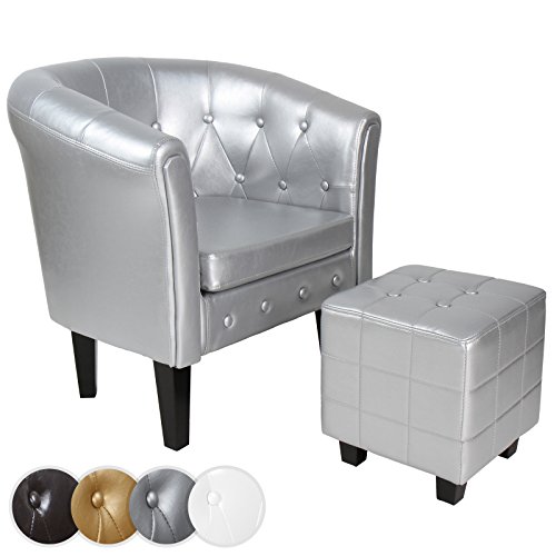 MIADOMODO 𝗠𝗜𝗔𝗗𝗢𝗠𝗢𝗗𝗢® Chesterfield Sessel mit Hocker - aus Holz und Kunstleder, Kupfernieten, Farbwahl - Loungesessel inkl. Sitzhocker, Clubsessel, Armsessel, Cocktailsessel (Silber) von MIADOMODO