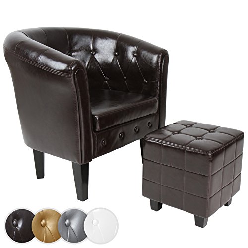 MIADOMODO® Chesterfield Sessel mit Hocker - aus Holz und Kunstleder, Kupfernieten, Farbwahl-Loungesessel inkl. Sitzhocker, Clubsessel, Armsessel, Cocktailsessel, Wohnzimmer Möbel (Braun) von MIADOMODO