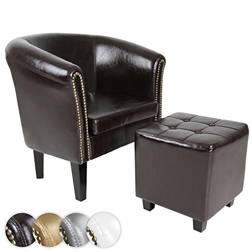 MIADOMODO® Chesterfield Sessel mit Hocker - aus Holz und Kunstleder, Kupfernieten, Farbwahl - Loungesessel inkl. Sitzhocker, Clubsessel, Armsessel, Cocktailsessel, Wohnzimmer Möbel (Braun) von MIADOMODO