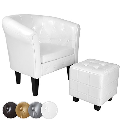 MIADOMODO® Chesterfield Sessel mit Hocker - aus Holz und Kunstleder, Kupfernieten, Farbwahl - Loungesessel inkl. Sitzhocker, Clubsessel, Armsessel, Cocktailsessel, Wohnzimmer Möbel (Weiß) von MIADOMODO