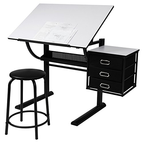 MIADOMODO® Zeichentisch mit Hocker - Tischplatte stufenlos neigbar, höhenverstellbarer, inkl. Schrank mit 3 Schubladen, Weiß Schwarz - Schreibtisch, Bürotisch, Arbeitstisch, Architektentisch von MIADOMODO