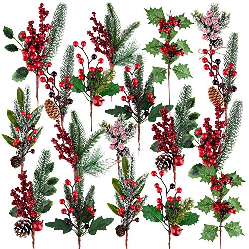 MIAHART 18 PC Weihnachts Picks Artificial Kieferzweige Red Berry Vorbauten Pine Picks Spray mit Pine Cone Äpfel Holly Blätter für Craft Blumenkranz-Picks Weihnachtsbaum Picks von MIAHART