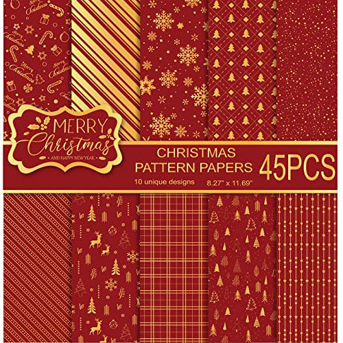 MIAHART 45 Blatt Merry Christmas Pattern Paper Set 10 Designs Festival Dekoratives Bastelpapier doppelseitig für die Kartenherstellung, Scrapbook, A4-Größe, Rot und Gold von MIAHART