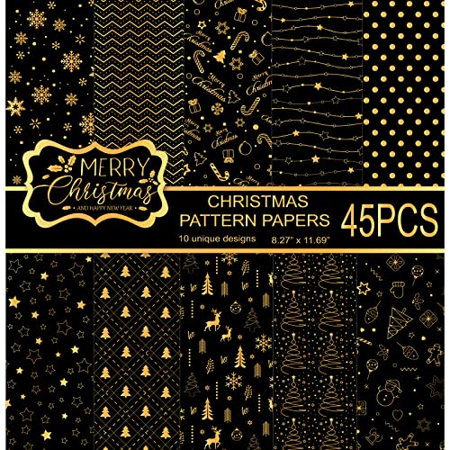 MIAHART 45 Blatt Merry Christmas Pattern Paper Set 10 Designs Festival Dekoratives Bastelpapier doppelseitig für die Kartenherstellung, Scrapbook, A4-Größe, Schwarz und Gold von MIAHART