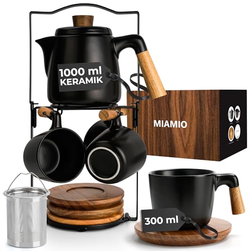 MIAMIO - 1 Liter Keramik-Teekanne-Set mit Siebeinsatz und Tassen/Teesieb, 4 Keramik-Teetassen (300 ml), Bambus-Untersetzer/Henkel für Haus und Büro (Schwarz) von MIAMIO