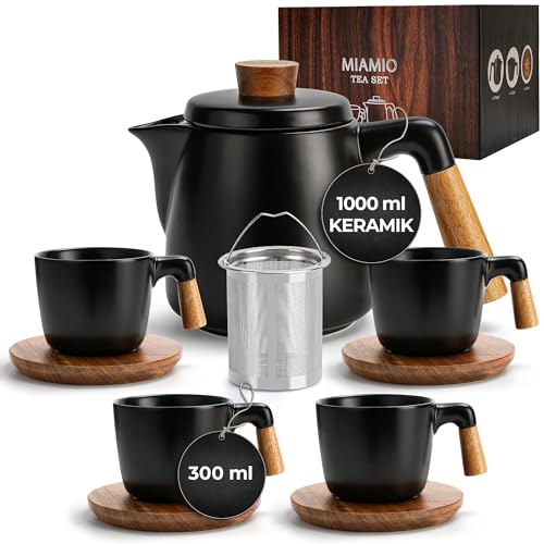 MIAMIO - 1 Liter Keramik-Teekanne-Set mit Siebeinsatz und Tassen/Teesieb, 4 Keramik-Teetassen (300 ml), Bambus-Untersetzer/Henkel für Haus und Büro (Schwarz) von MIAMIO