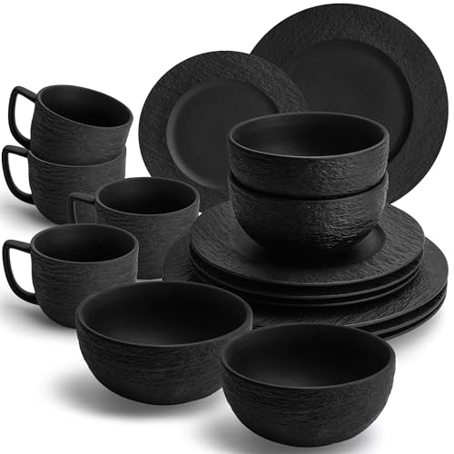 MIAMIO - 16 teiliges Geschirrset schwarz 4 Personen - schwarzes Steingut Geschirr Set - Teller Set schwarz - Oasis Kollektion von MIAMIO