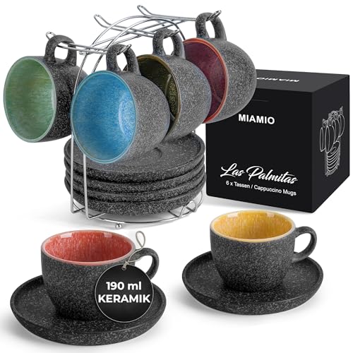 MIAMIO - 190 ml stapelbare Cappuccinotassen aus Keramik mit Untertassen und Metallständer - 6er Tassen aus Steingut für Kaffee, Americano, Latte, Café Mocha und Tee - Las Palmitas Collection von MIAMIO