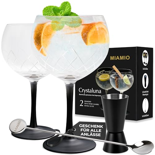 MIAMIO - 2 x 650 ml Gin Glas / 2er Gin Gläser Set -Hochwertige Gin Tonic Gläser ideal für Gin und Cocktails - Geschenk Set inklusive Messbecher Glas und Rührlöffel Crystaluna Kollektion (Gin Tonic) von MIAMIO