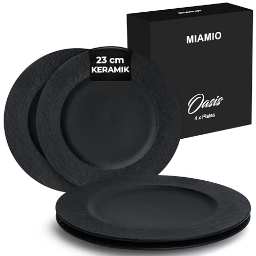MIAMIO - 23 cm, 4er Set Speiseteller/Keramik-Teller Set, Geschirrset schwarz- moderne schwarze Teller, mikrowellen- und spülmaschinenfest - Oasis Kollektion von MIAMIO