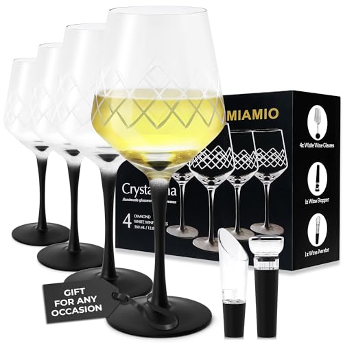 MIAMIO - 380 ml Weißweingläser, 4er Set große Premium Kristall Weingläser mit schwarzem Stiel + Weinstopper & Luftsprudler - Crystaluna Collection von MIAMIO