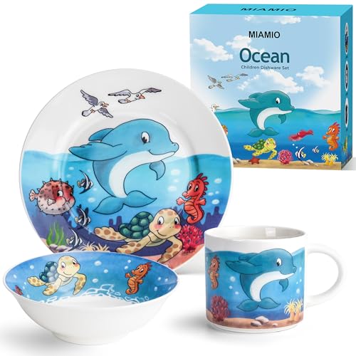 MIAMIO - 3er-Set Kindergeschirr/Porzellan Kinderbesteck, Kindergeschirr-Set aus Porzellan - Inklusive Teller, Schüssel und Tasse - Für Kinder und Kleinkinder (Ozean) von MIAMIO