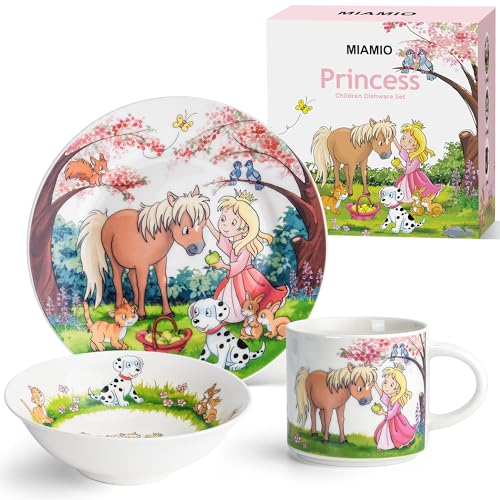 MIAMIO - 3er-Set Kindergeschirr/Porzellan Kinderbesteck, Kindergeschirr-Set aus Porzellan - Inklusive Teller, Schüssel und Tasse - Für Kinder und Kleinkinder (Prinzessin) von MIAMIO
