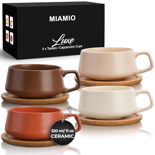 MIAMIO - 4 x 320 ml Kaffeetassen/Cappuccino Tassen mit Unterteller/elegant/modern/Kaffeebecher aus Steingut - Luxe Kollektion 4er Set (Beige Pastell) von MIAMIO