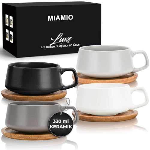 MIAMIO - 4 x 320 ml Kaffeetassen/Cappuccino Tassen mit Unterteller/elegant/modern/Kaffeebecher aus Steingut - Luxe Kollektion 4er Set (Klassisches Pastell) von MIAMIO