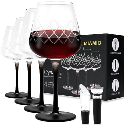 MIAMIO - 480 ml Rotweingläser, 4er-Set große Weingläser/Kristallweingläser mit schwarzem Stiel + Weinstopper & Luftsprudler - Crystaluna Collection von MIAMIO