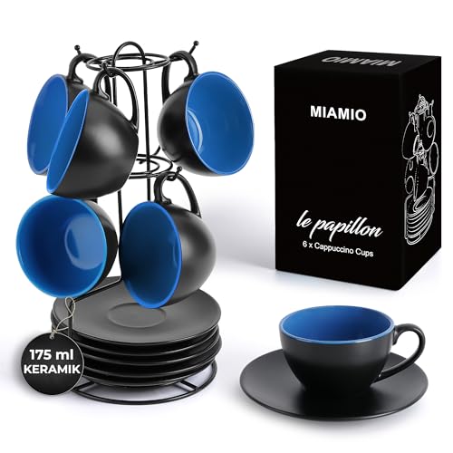 MIAMIO - 6 x 175 ml Tasse Cappuccino Tassen mit Unterteller & Ständer/Cappuccinotassen Set - Le Papillon Kollektion (Blau) von MIAMIO