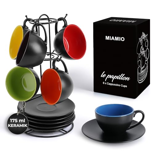 MIAMIO - 6 x 175 ml Tasse Cappuccino Tassen mit Unterteller & Ständer/Cappuccinotassen Set - Le Papillon Kollektion (Bunt) von MIAMIO