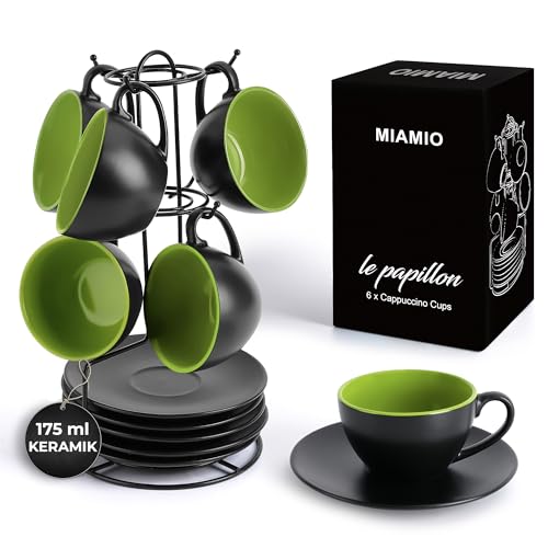 MIAMIO - 6 x 175 ml Tasse Cappuccino Tassen mit Unterteller & Ständer/Cappuccinotassen Set - Le Papillon Kollektion (Grün) von MIAMIO