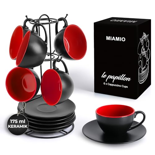 MIAMIO - 6 x 175 ml Tasse Cappuccino Tassen mit Unterteller & Ständer/Cappuccinotassen Set - Le Papillon Kollektion (Rot) Steinzeug von MIAMIO