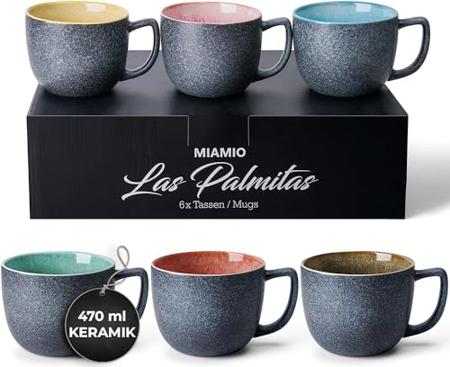 MIAMIO - 6 x 470 ml Kaffeetassen/Tassen Set/Kaffeetasse Groß/moderne Kaffeebecher aus Steingut - Las Palmitas Kollektion 6er Set von MIAMIO