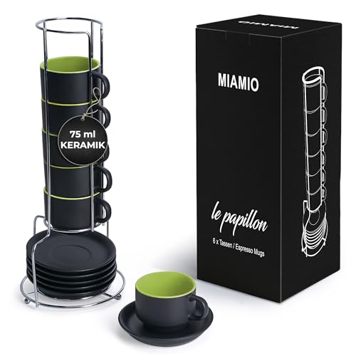 MIAMIO - 6 x 75 ml Espressotassen Set/Espresso Tassen Set mit Untertasse & Ständer - Kaffeetassen Set 6er Kaffeebecher Keramik - Le Papillon Kollektion (Grün) von MIAMIO