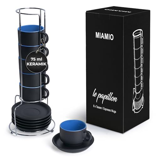 MIAMIO - 6 x 75 ml Espressotassen Set/Espresso Tassen Set mit Untertasse & Ständer - Kaffeetassen Set 6er Kaffeebecher Keramik - Le Papillon Kollektion (Blau) von MIAMIO