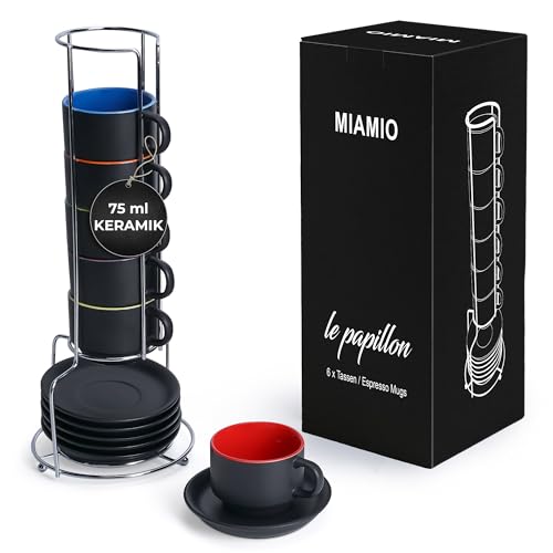 MIAMIO - 6 x 75 ml Espressotassen Set/Espresso Tassen Set mit Untertasse & Ständer - Kaffeetassen Set 6er Kaffeebecher Keramik - Le Papillon Kollektion (Bunt) von MIAMIO