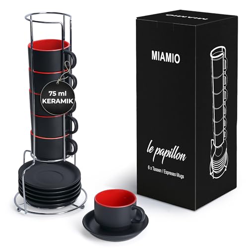 MIAMIO - 6 x 75 ml Espressotassen Set/Espresso Tassen Set mit Untertasse & Ständer - Kaffeetassen Set 6er Kaffeebecher Keramik - Le Papillon Kollektion (Rot) von MIAMIO