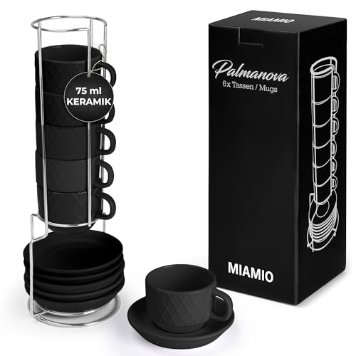 MIAMIO – 6 x 75 ml Espresso Tassen/Espressotassen Set mit Ständer Steingut Keramik - Palmanova Kollektion (Schwarz) von MIAMIO