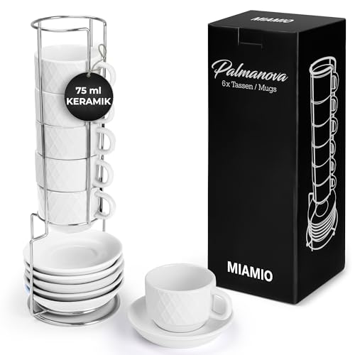 MIAMIO – 6 x 75 ml Espresso Tassen/Espressotassen Set mit Ständer Steingut Keramik - Palmanova Kollektion (White) von MIAMIO