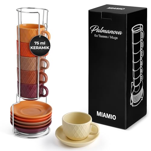 MIAMIO – 6 x 75 ml Espresso Tassen/Espressotassen Set mit Ständer Steingut Keramik - Palmanova Kollektion (Magma) von MIAMIO