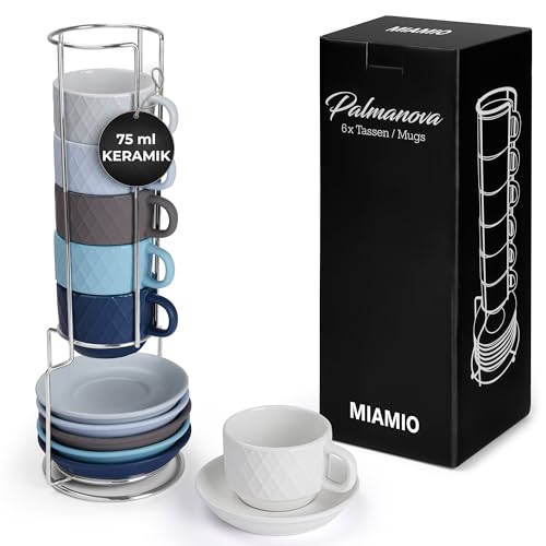 MIAMIO – 6 x 75 ml Espresso Tassen/Espressotassen Set mit Ständer Steingut Keramik - Palmanova Kollektion (Ocean) von MIAMIO