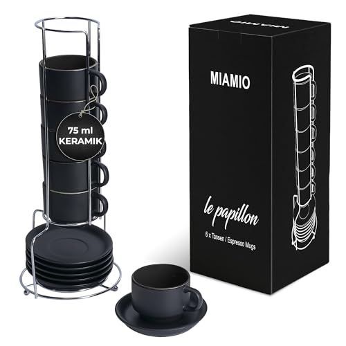 MIAMIO - 6 x 75 ml Espressotassen Set/Espresso Tassen Set mit Untertasse & Ständer - Kaffeetassen Set 6er Kaffeebecher Keramik - Le Papillon Kollektion (Schwarz) von MIAMIO