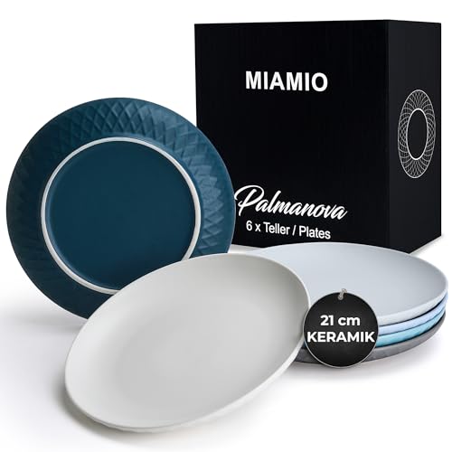 MIAMIO - 6er Geschirrset/Teller Set modern aus Keramik für 6 Personen - Palmanova Kollektion (Blau, Kleine Teller (6x)) von MIAMIO