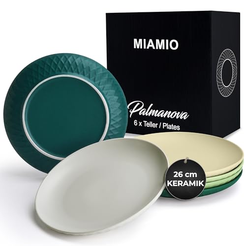 MIAMIO - 6er Geschirrset/Teller Set modern aus Keramik für 6 Personen - Palmanova Kollektion (Grün, Große Teller (6x)) von MIAMIO